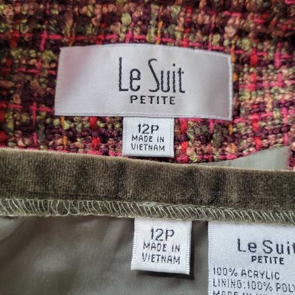 Le Suit Tweed Skirt Suit 12P Brown Olive Flap Pockets Tulip Hem Velvet Buttons - Picture 7 of 10